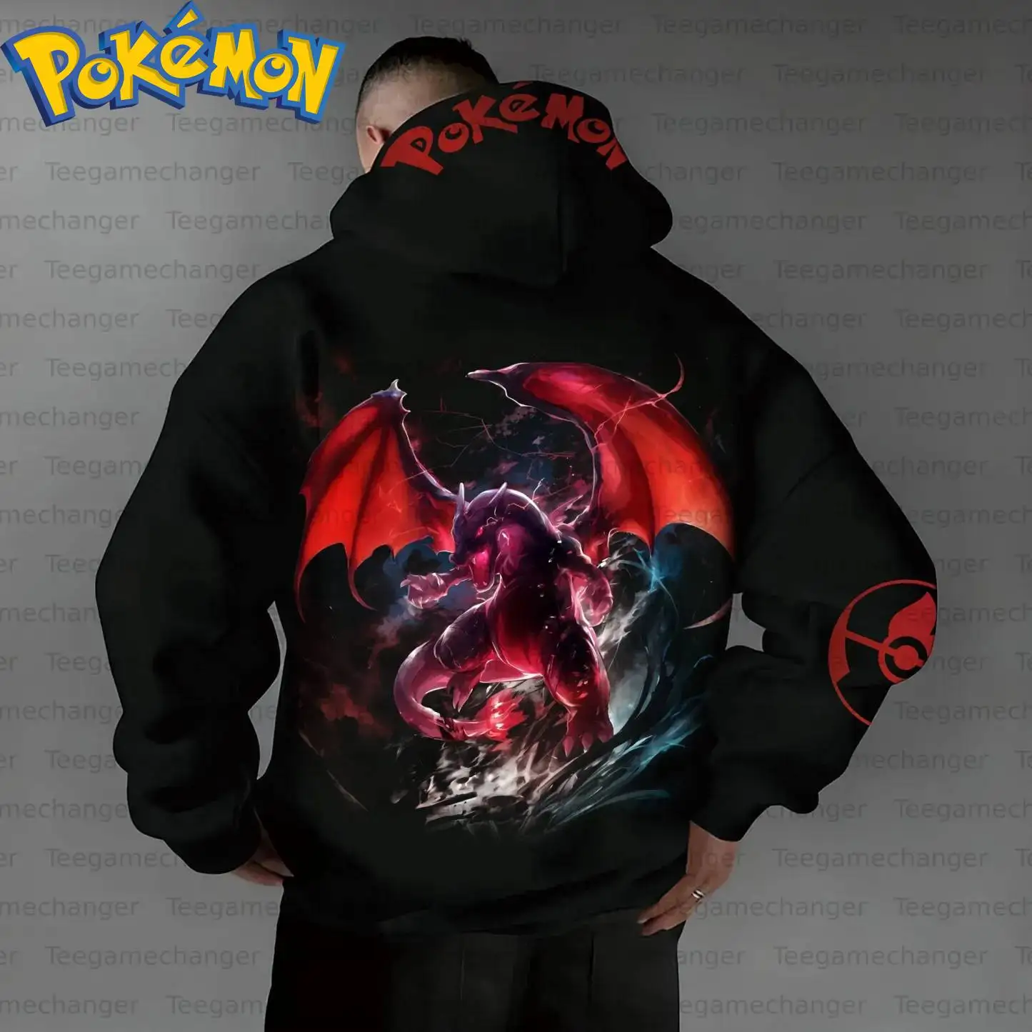 Pokemon Anime Ho-Oh Baumwoll-Hoodie, Harajuku-Hosen-Set, schwarzer Charakterdruck mit roten Flügeln, lila Körperflamme, Aura-Muster