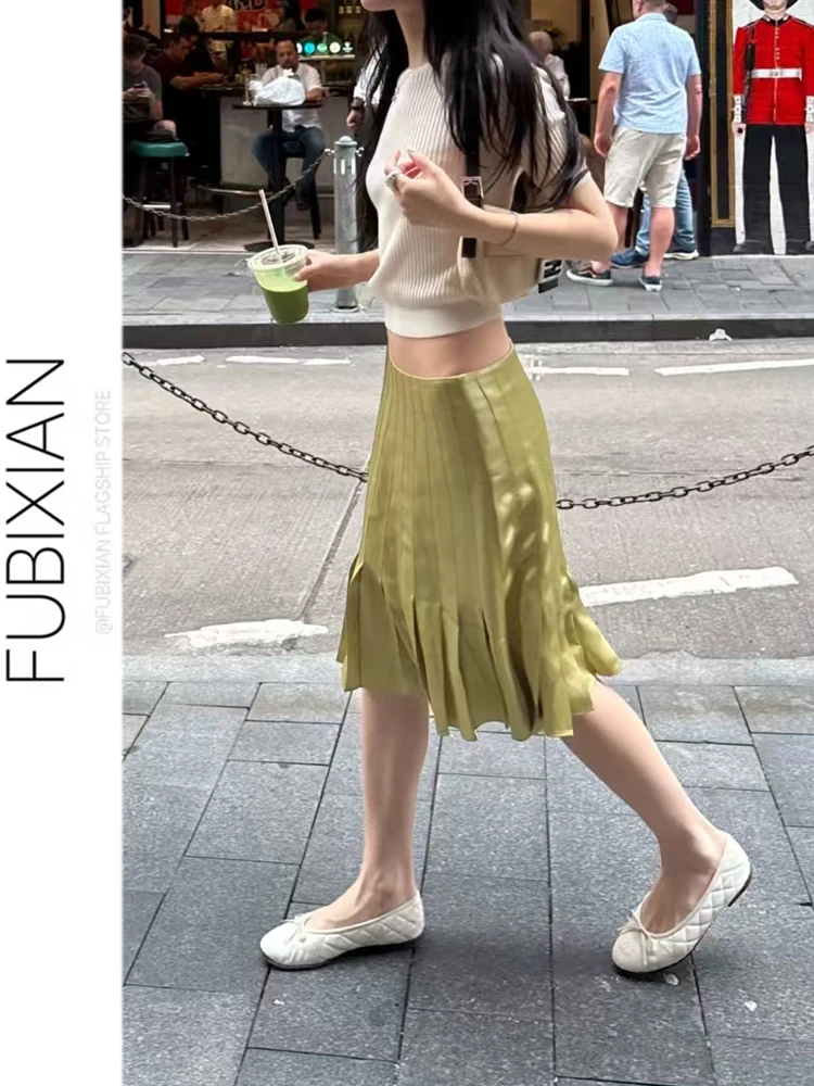 Champagne Glossy Satin A-Line  Skirt Women's Elegant Style Pleated Skirts High Waist Straight Cut Polyester Fabric