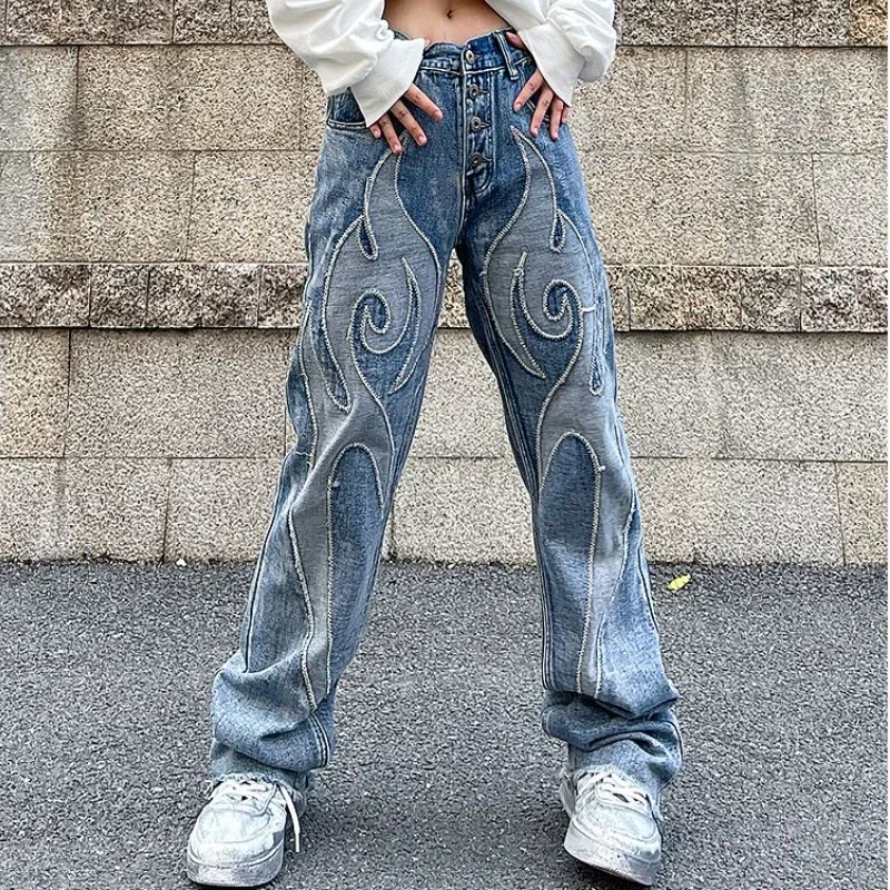 Vintage Flame Embroidered High Rise Jeans Women's Washed Old Loose Fit Jeans Women's Y2K Jeans Casual Pants Loose Fit Jean