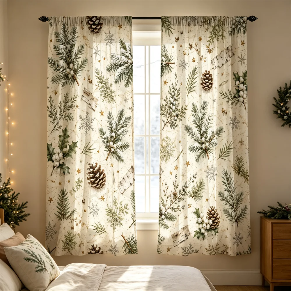 2PCS Christmas Curtains, Pine branches white berries birch Print, Bedroom Window Drapes, Rod Pocket Polyester, Home Decor