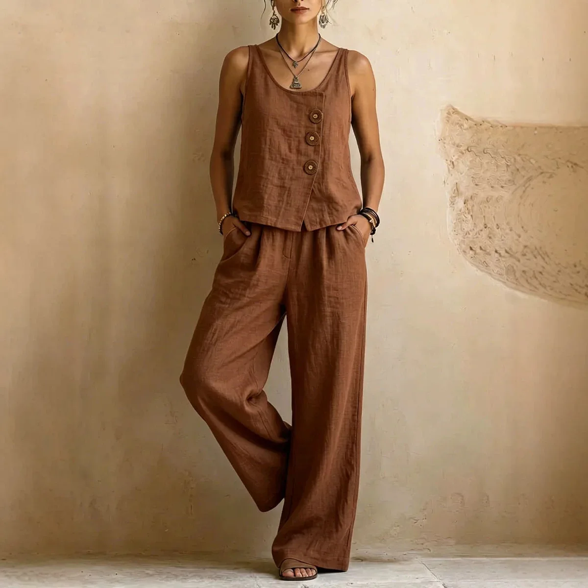 Women's Office Lady Matching Suit Outfit Sleeveless Buttoned Tank Top High Waist Wide Leg Pants Casual Loose Summer Holiday Set