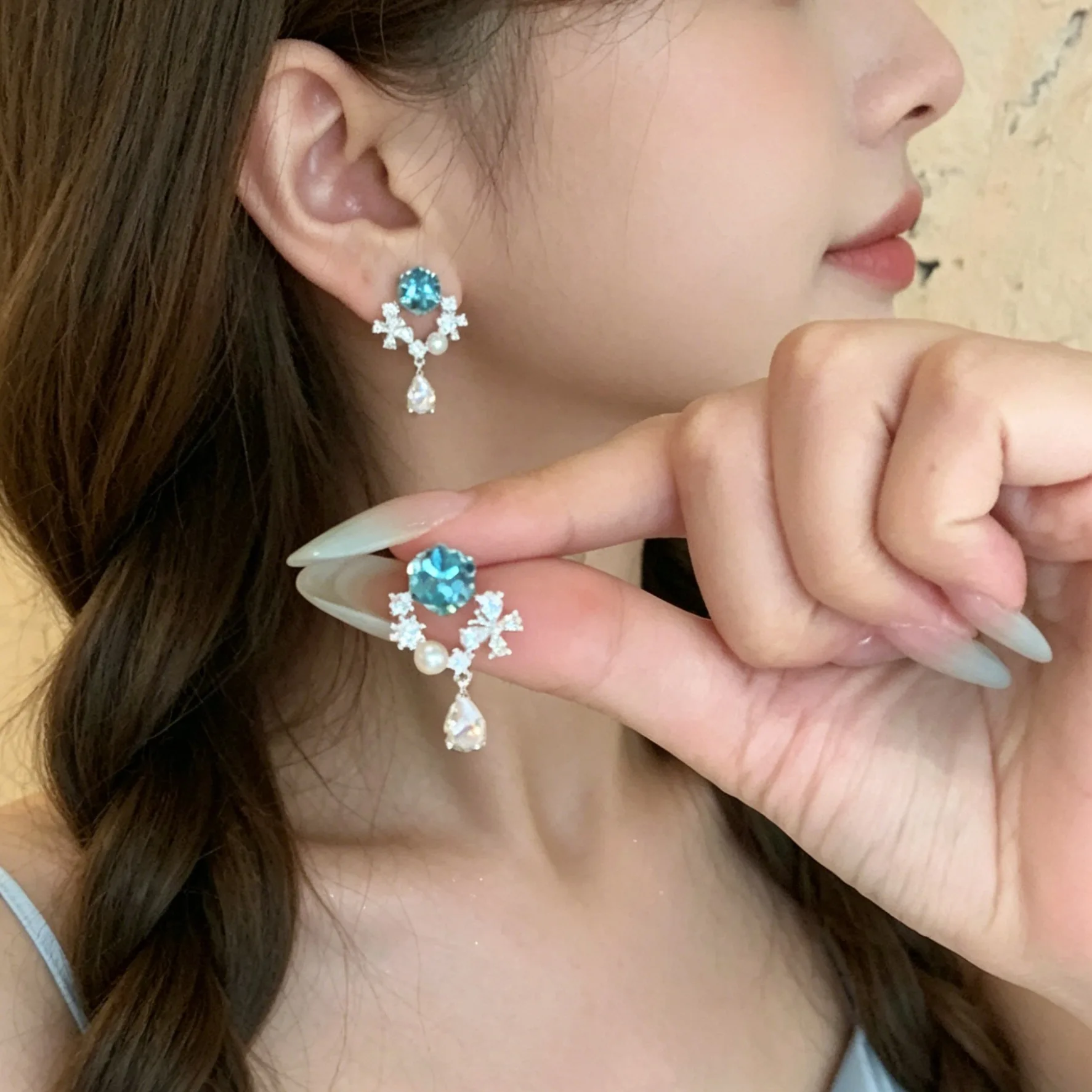 Stud Earrings Blue Purple Glittering Butterfly Drop Design with Cubic and Pearl Lightweight Trendy Spring Summer