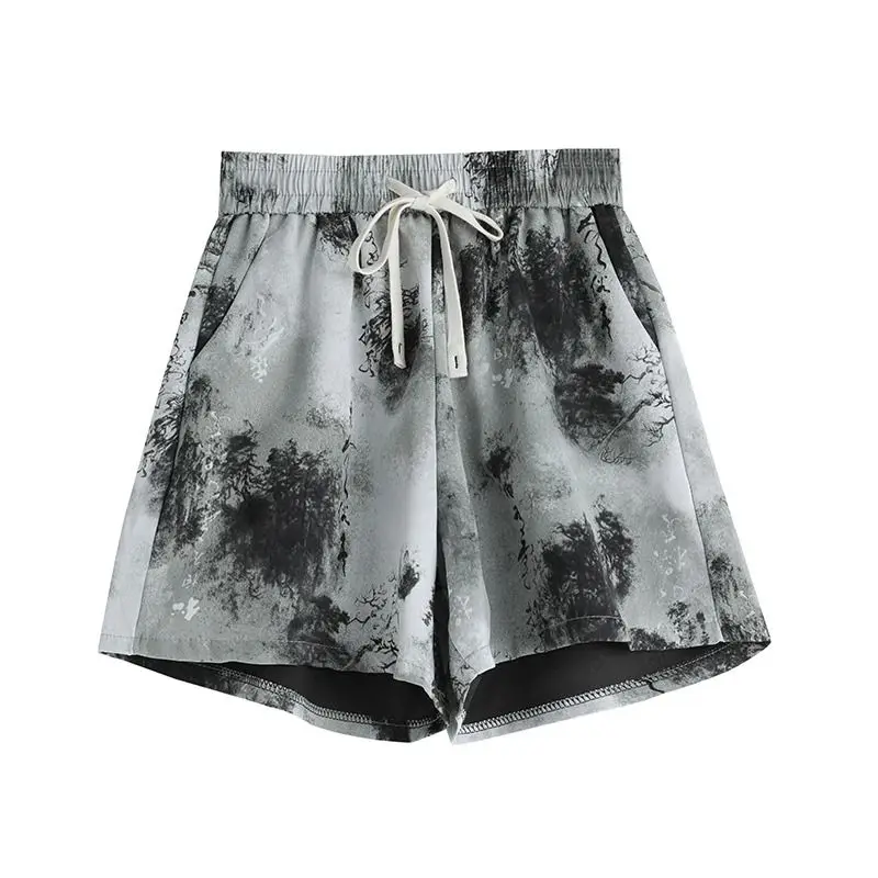 Summer Loose Fashion Women's Clothing Straight High Waist Ladies Lacing Shorts Streetwear Sports Elastic Tie Dye Wide Leg Pants