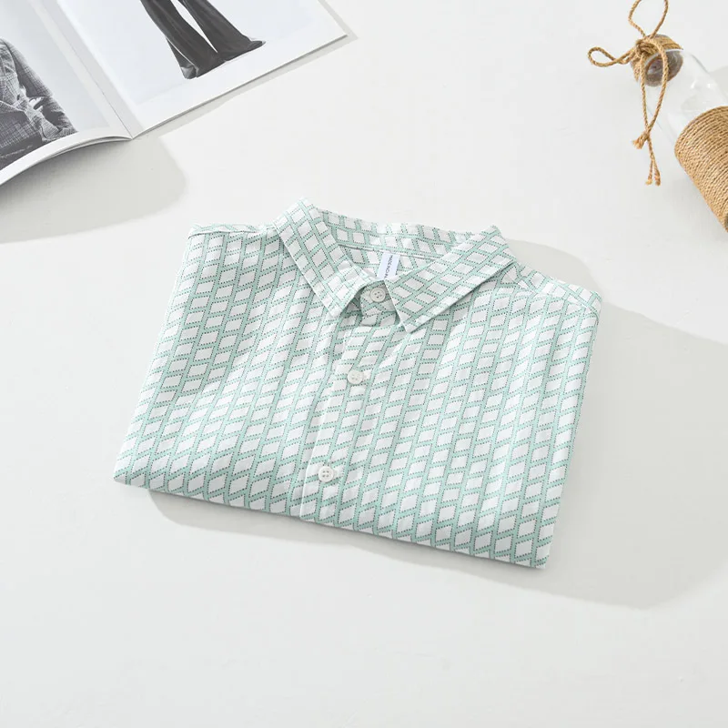 Summer Thin Breathable Cotton Linen Short Sleeve Shirt Men's Printed Diamond Grid Loose Fit Casual Shirt  And Versatile
