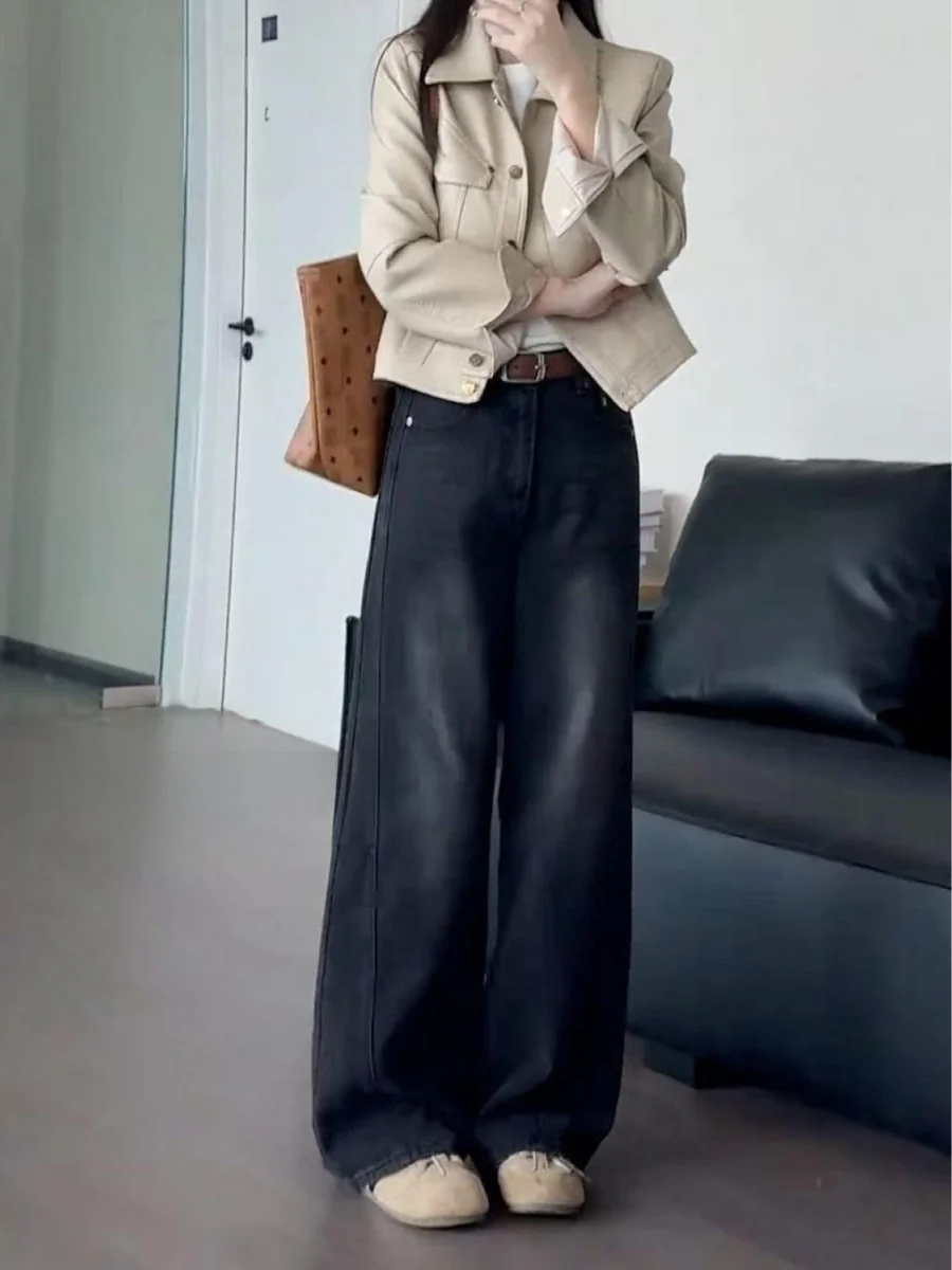 

Джинсы с высокой талией и широкими штанинами для женщин, большие размеры, скрывающие бедра, весенняя новинка, простой дизайн, смесь хлопка и полиэстера, износостойкие