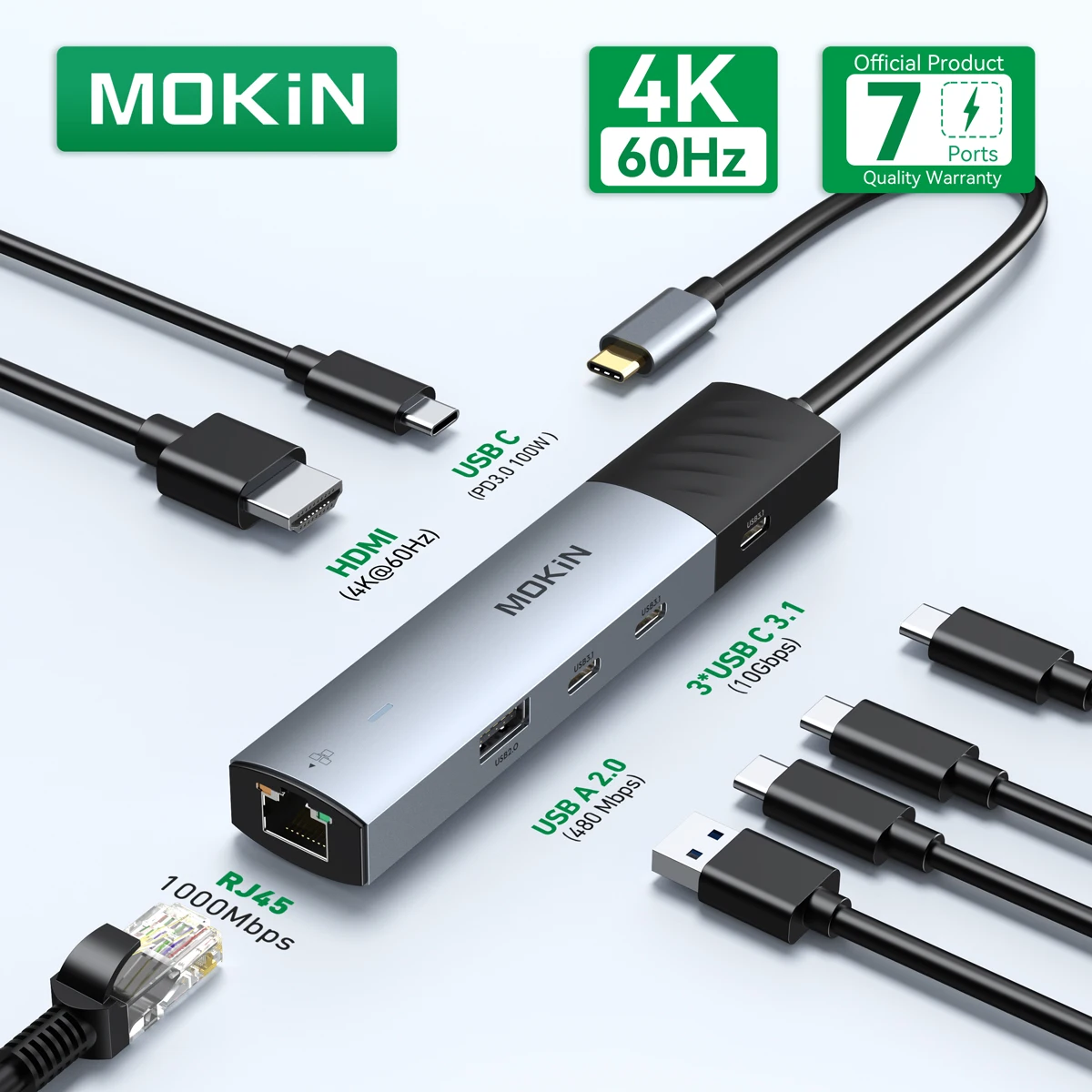 MOKiN 7-in-1 USB Hub USB-C Multiport Hub Adapter with 4K60Hz HDMI 10Gbps USB3.1 1000Mbps RJ45 100W PD3.0 for Macbook Pro Air PC