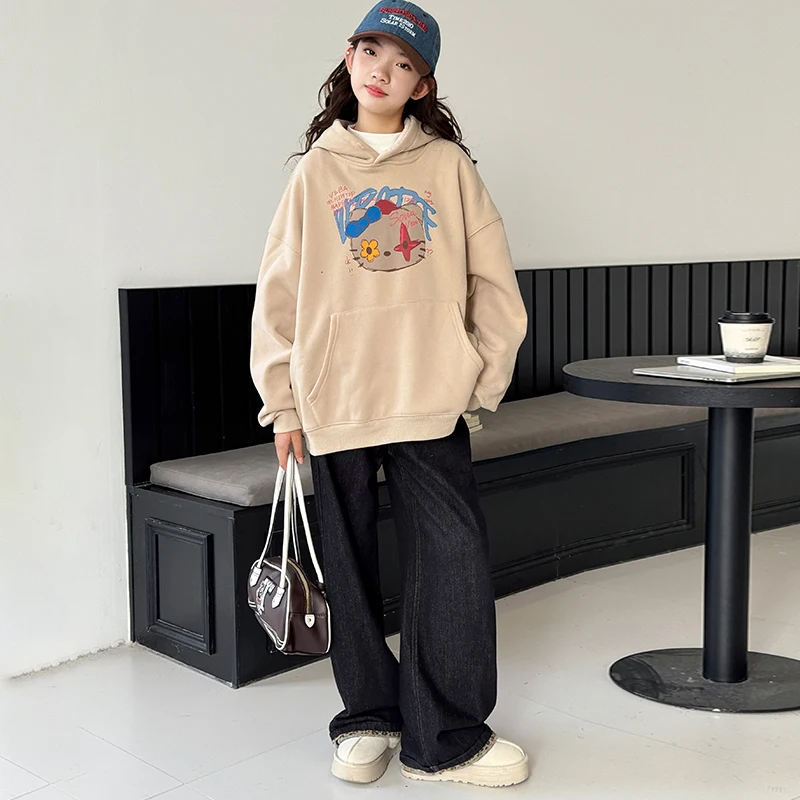 Girls' Winter Clothing with Velvet Hoodie 2025 Autumn/Winter New Children's Clothing with One piece Velvet Thick Cartoon Top Tre
