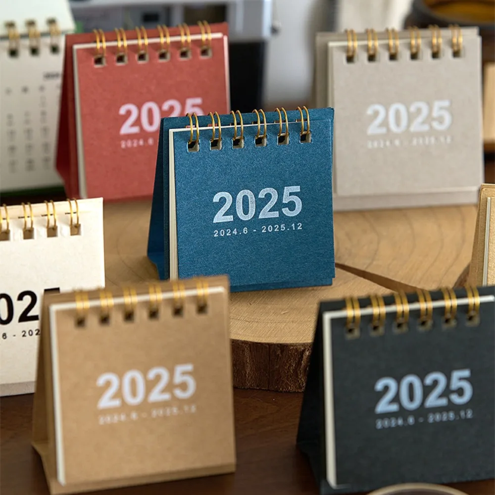 Mini Desk Calendar 2025 Small Desktop Calendar Thick Paper Twin-Wire Binding with Stickers for Home Office School Supplies