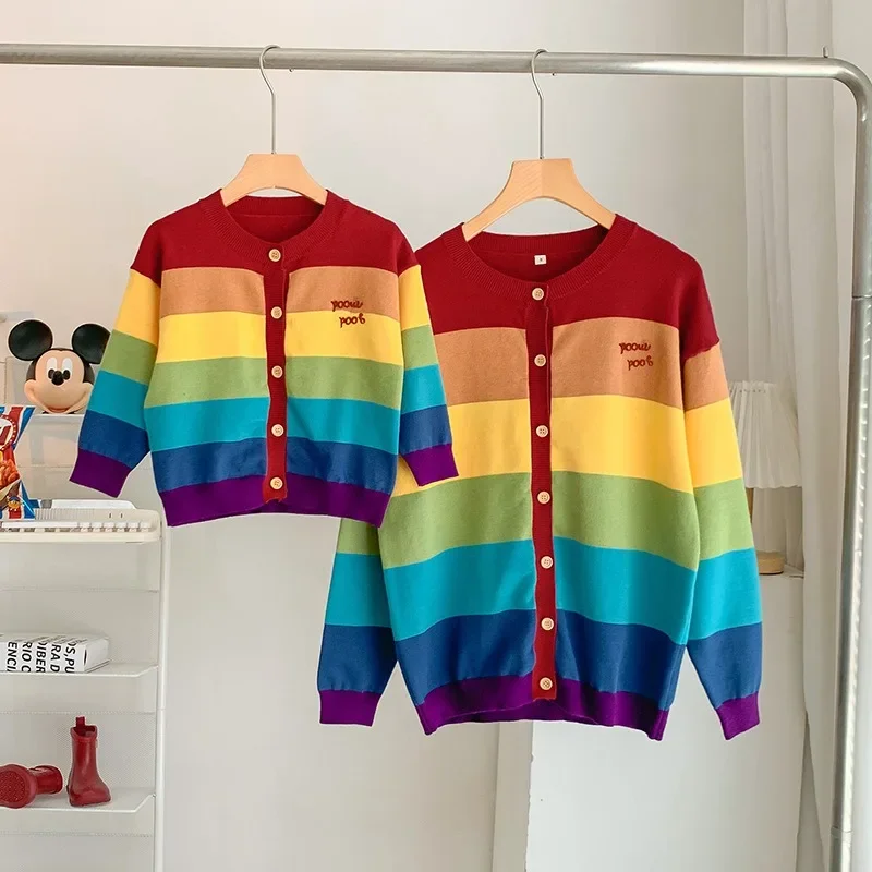 Family Matching Sweater Outfits Rainbow Striped Knitwear Mother Dad Lovers Cardigan Top Children Pullover Outfits Clothing