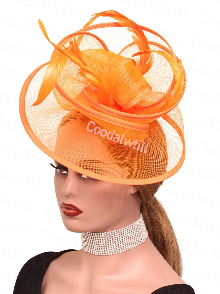 Tocado de pastillero de malla naranja, sombrero de boda para mujer, tocado de carrera de Iglesia, gorra de sombrerería de fiesta de Ascot real, tocado de cóctel para mujer