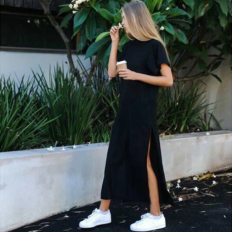 

Summer Korean Style Midi Dress Women Casual Black Long Dresses Short Sleeve Sexy Plus Size Side Open Party Maxi T Shirt Dress