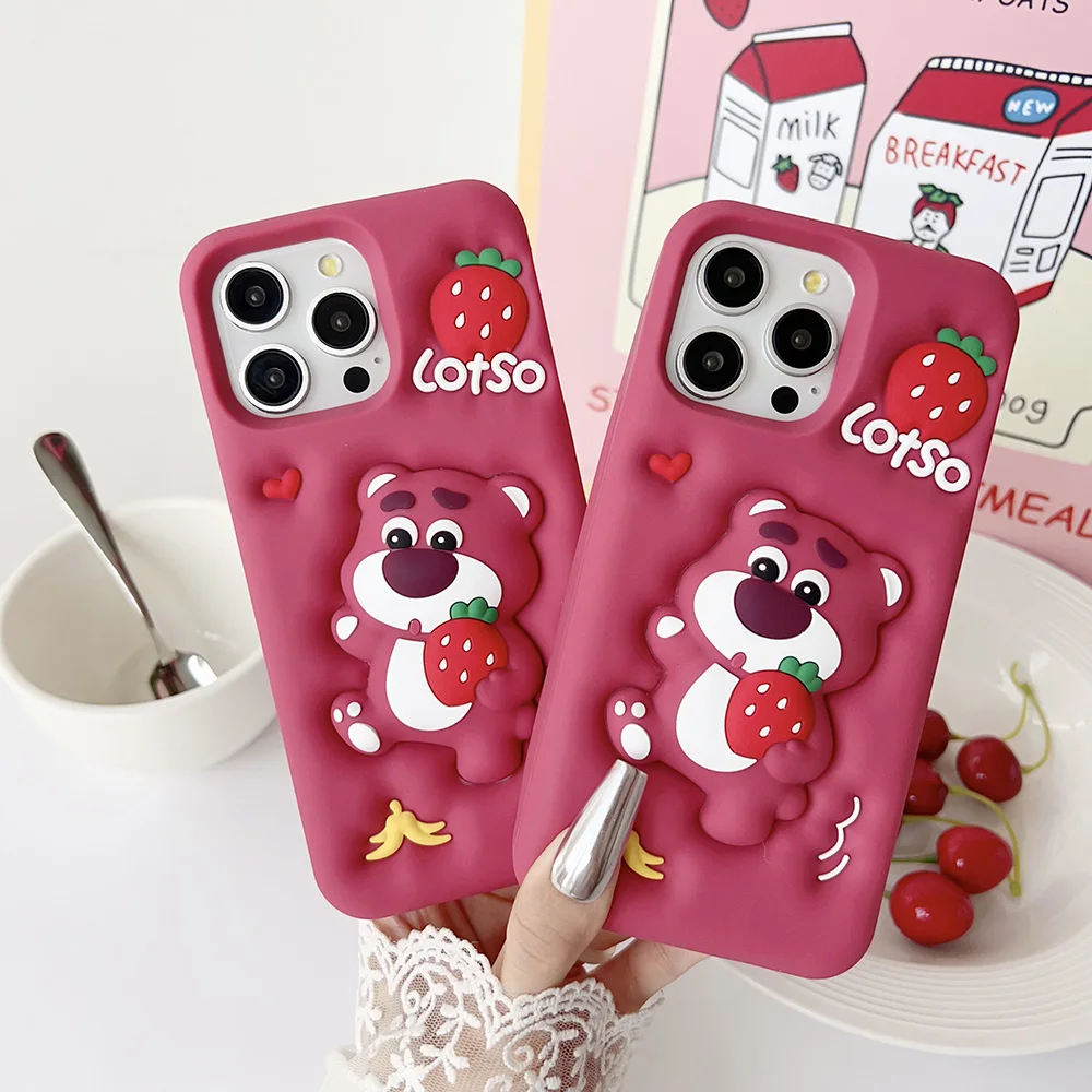 Cartoon Cute Toy Story Lotso Luxury Telescopic Bracket Phone Case for IPhone 15 14 13 12 11 Pro Max Soft Silicone Back Cover