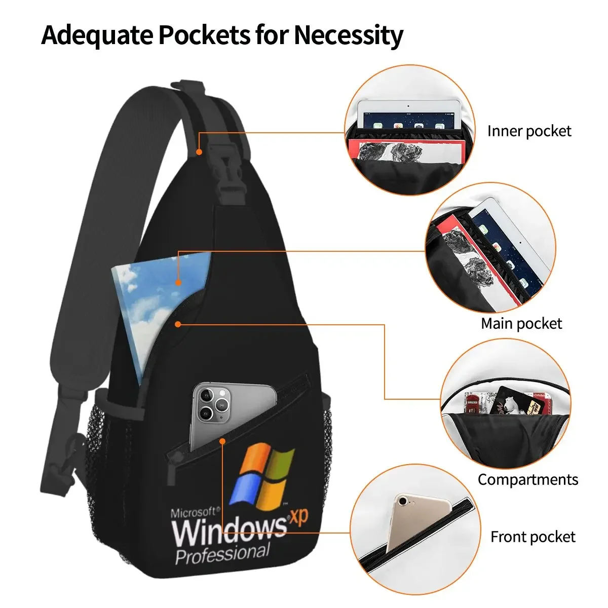 Windows XP Chest Bag Men Sling Crossbody Backpack Chest Bag Traveling Hiking Daypack Shoulder Bag