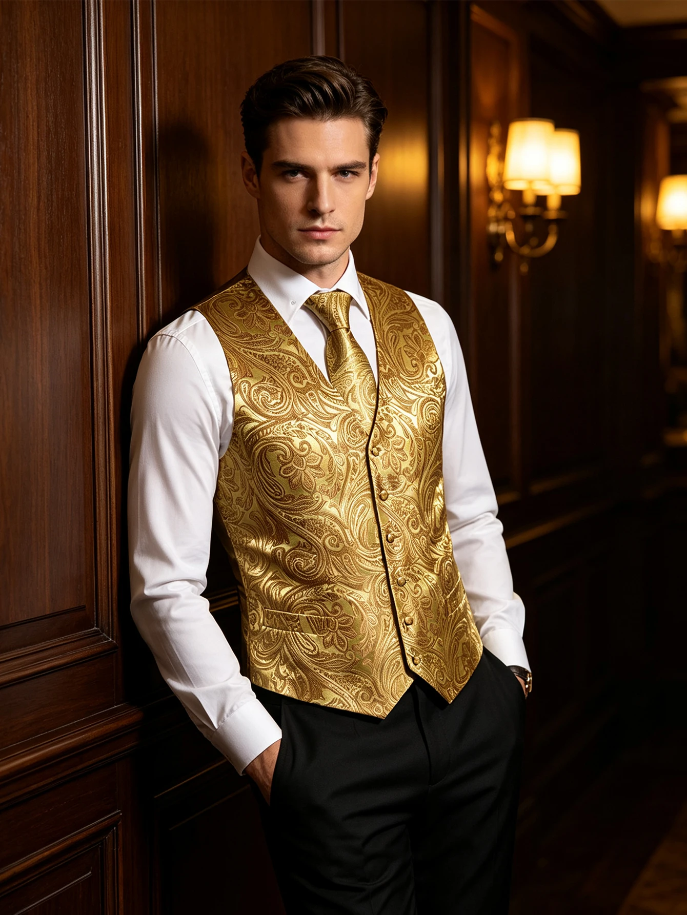 Golden Floral Paisley V-Neck Vest Combo Tie Square Cufflinks Ring For New Year Celebration Event