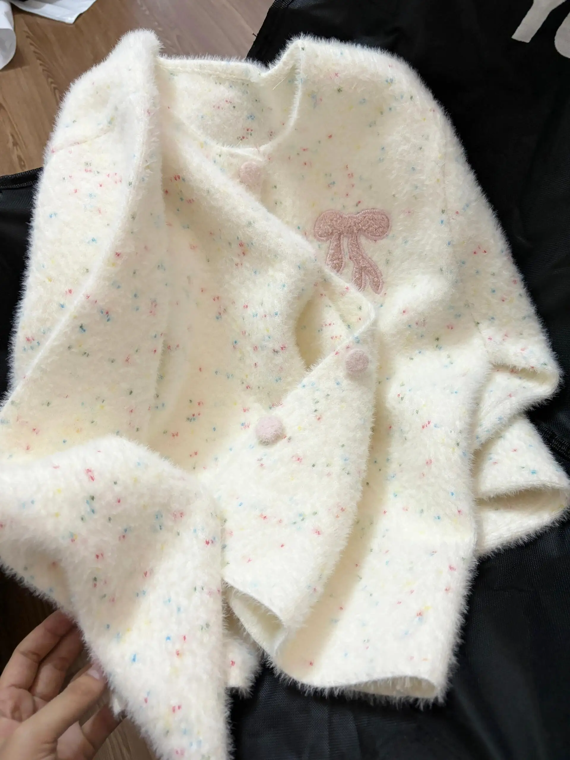 

Women's White Bow Embroidery Cardigan Mohair Sweater Vintage 2000s Y2k Korean Long Sleeves Cashmere Sweater Autumn Clothes 2025