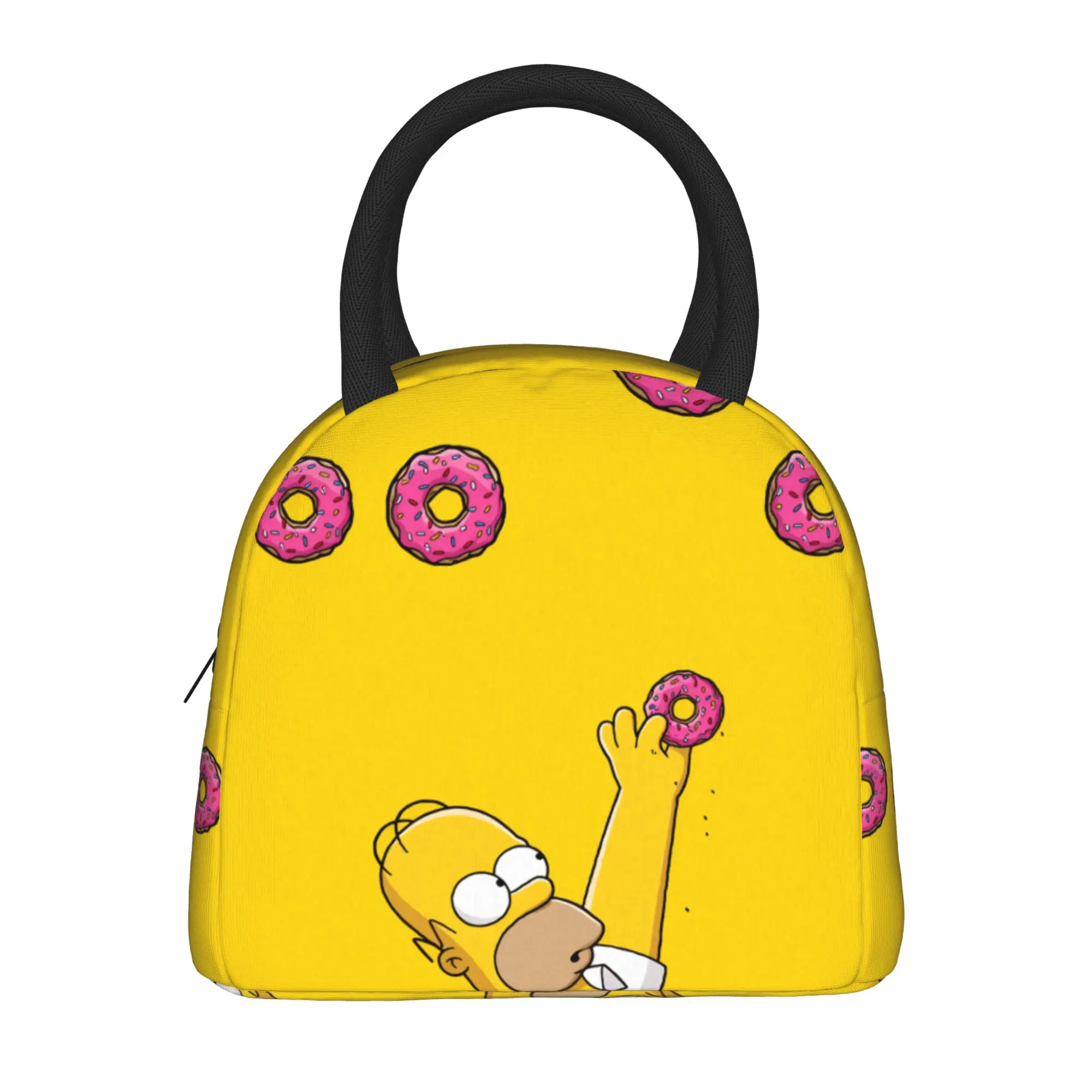 S-Simpsons Homer Donut Yellow Background Lunch Bag  Casual Lunch Box For Unisex Travel Cooler Bag Oxford Graphic Tote Food Bags