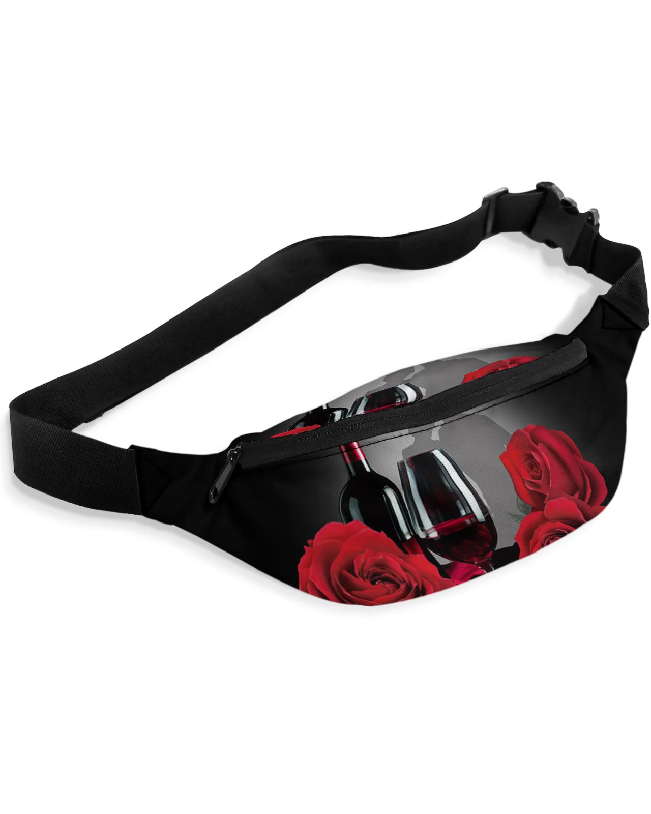 Valentine'S Day Rose Flower Red Wine Waist Bag Women Men Belt Bags Large Capacity Waist Pack Unisex Crossbody Chest Bag