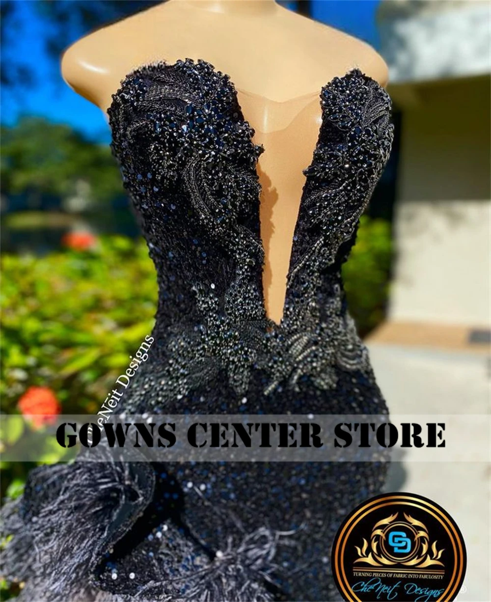 Luxe plumes noires paillettes limon sirène robes de bal Halloween robe élégante pour la fête de mariage perlée robes de soirée personnalisé