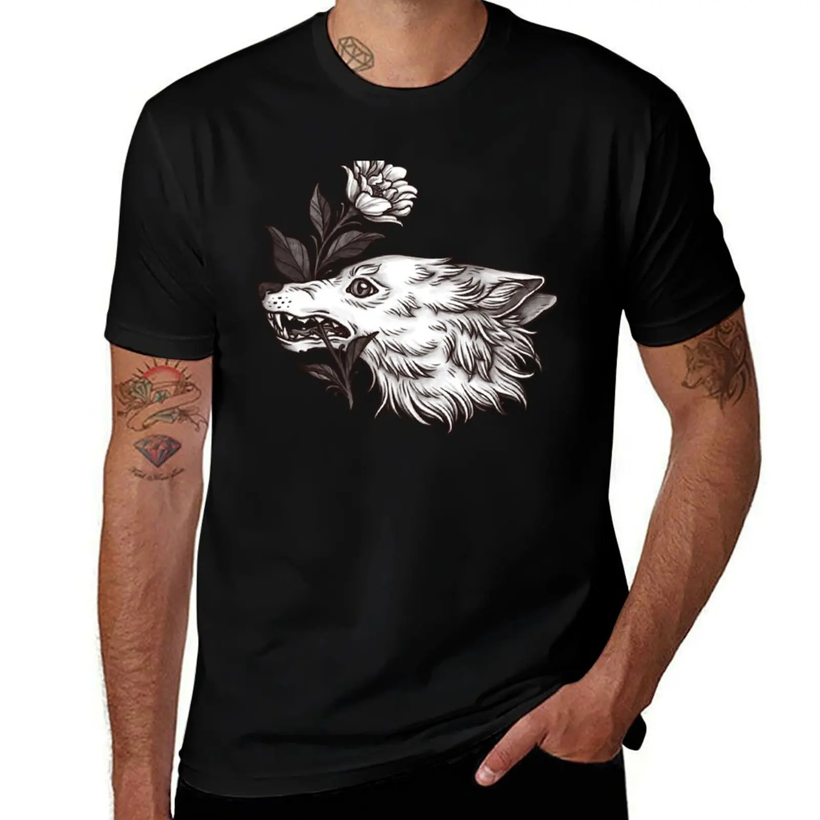 

White Wolf Tattoo Sketch Oldschool Wolf Vintage Witchcraft Green Witch Forest Witch Wicca Cottagecore Fox Thieran Furry T-Shirt