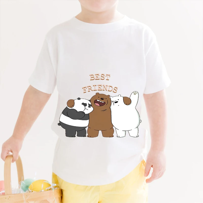 T-shirt dziecięcy z nadrukiem We Bare Bears Letni dziecięcy bawełniany biały top z krótkim rękawem, odpowiedni dla chłopców i dziewcząt