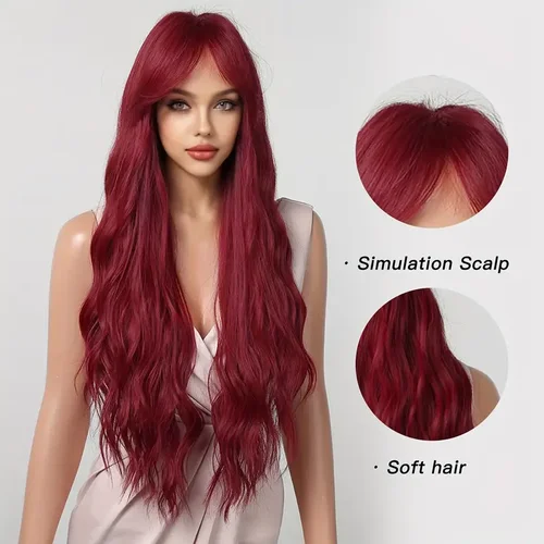 Imagen 2 del producto Peluca de pelo sintético ondulado suelto largo Borgoña con flequillo pelucas rizadas de color rojo vino para mujeres pelo falso resistente al calor Cosplay uso Lolita