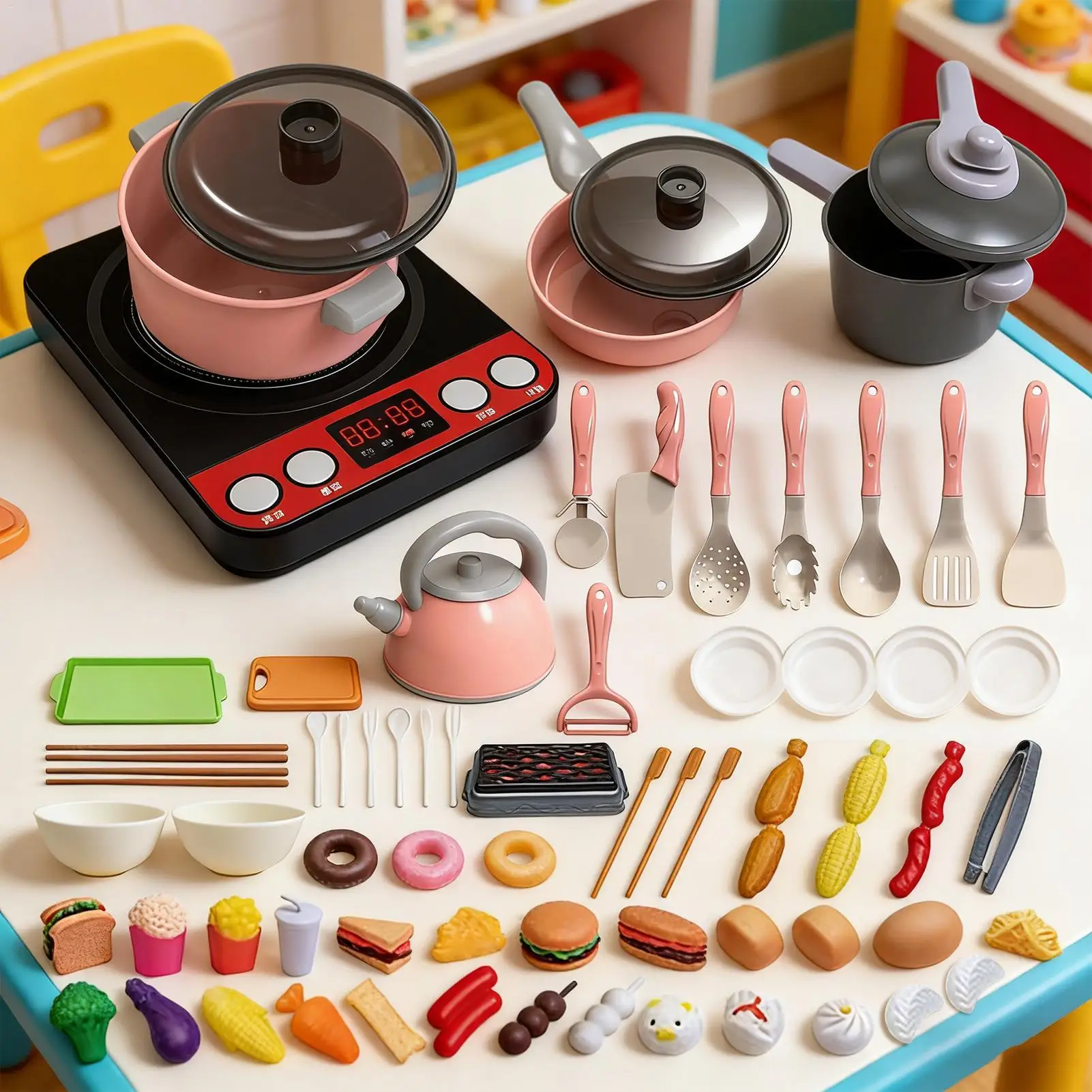 Speelgoedkeukenaccessoires 71-delig Doe alsof kookpotten Pannen met geluid Keukenaccessoires voor 3-8 jaar oude meisjes Jongens