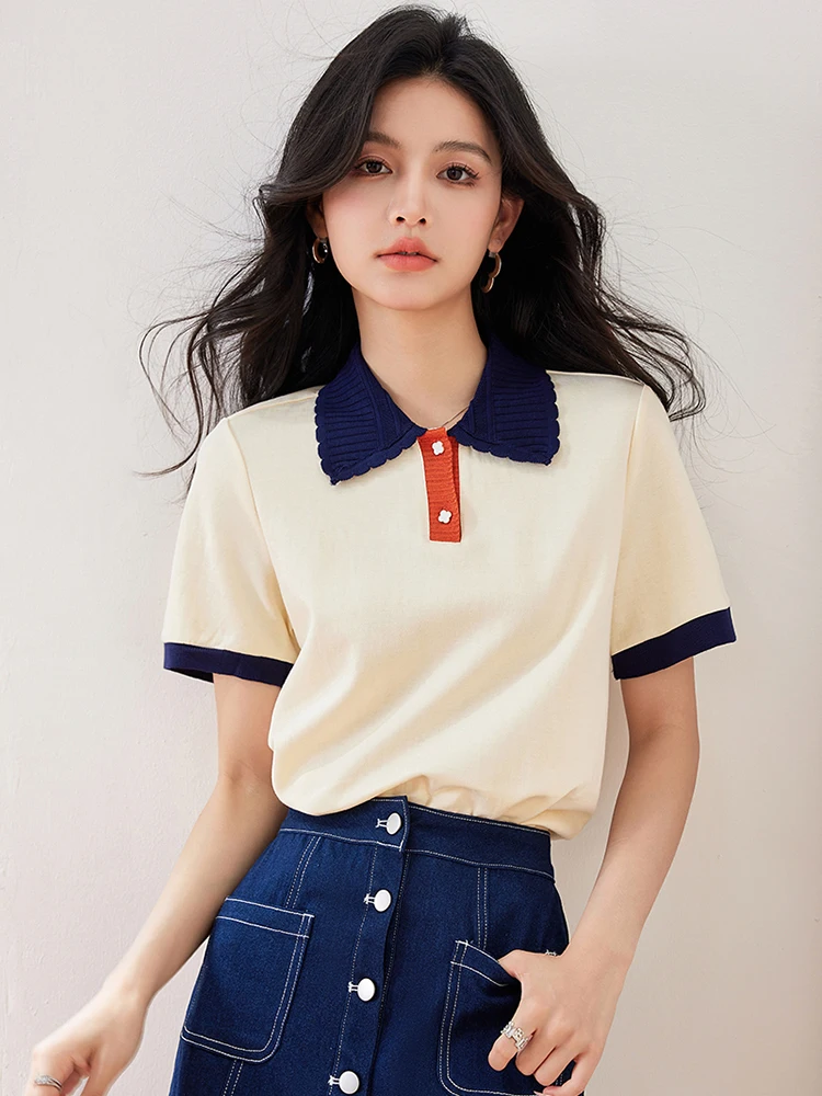 2024 Korean Summer New T-shirt Women Contrast Color Lapel T-shirt Casual Slim Top Fashion Pullover Tee Shirts