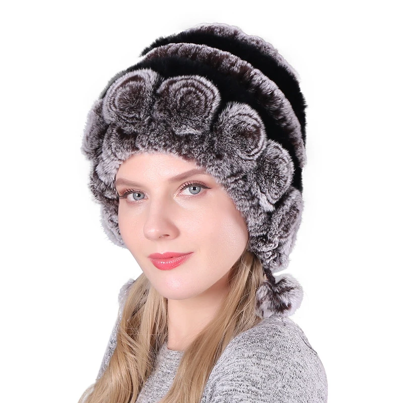 Sombrero esponjoso de piel de conejo Real para mujer, gorro cálido de punto, gorros naturales y esponjosos, Y2k, 2023