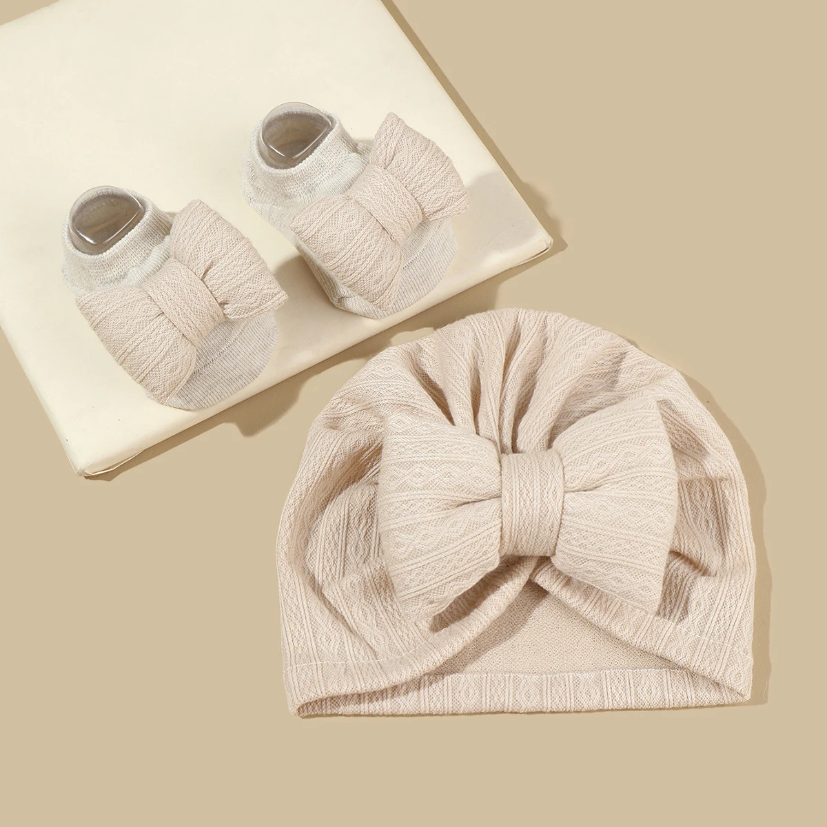 2Pcs Newborn Baby Bow Hat Socks Set Solid Color Cotton Infant Girls Turban Cap Anti-slip Socks