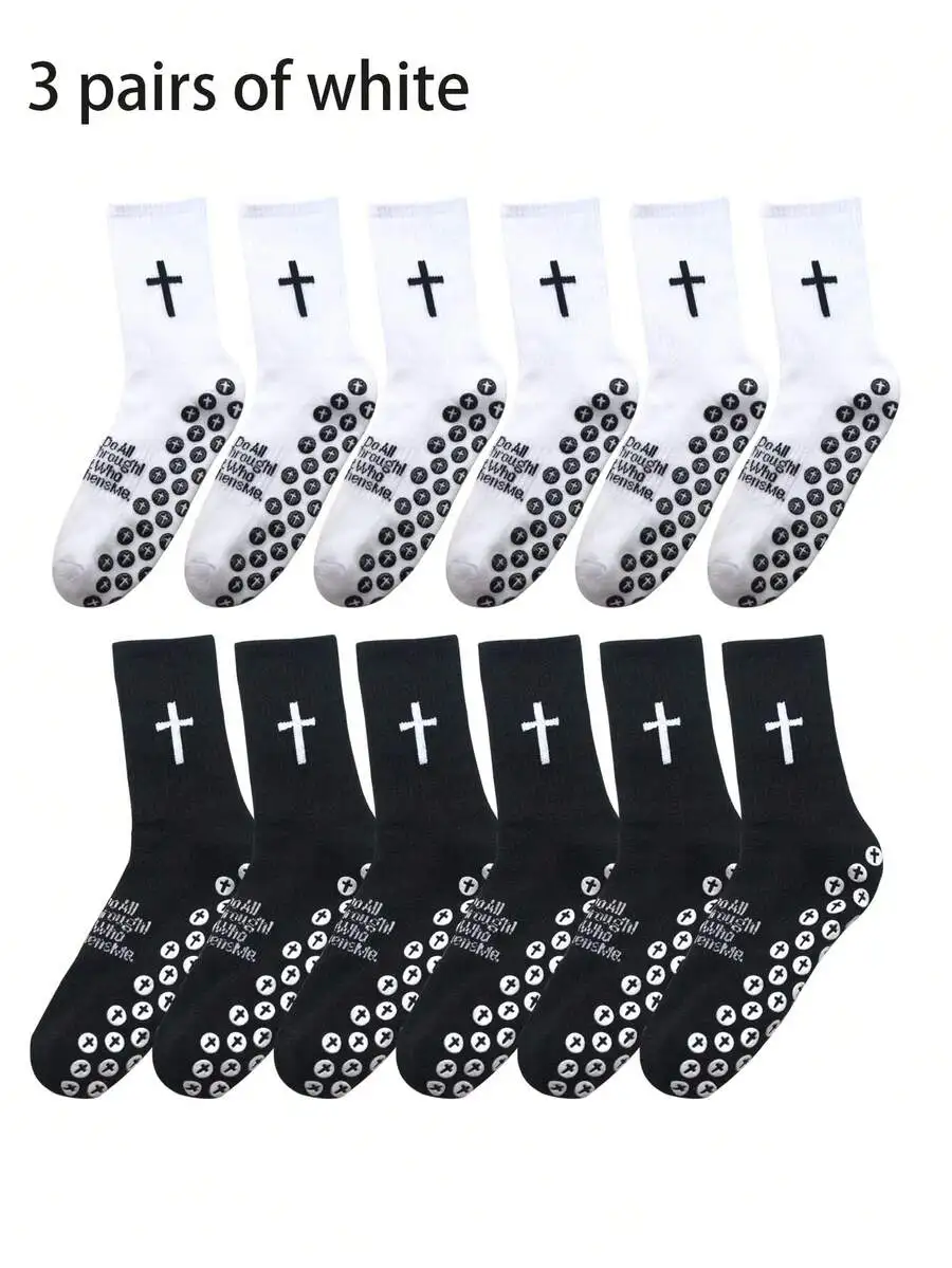 

3 Pairs White Black Cross Non-Slip Grip Socks For Yoga Basketball Cycling Unisex Adult