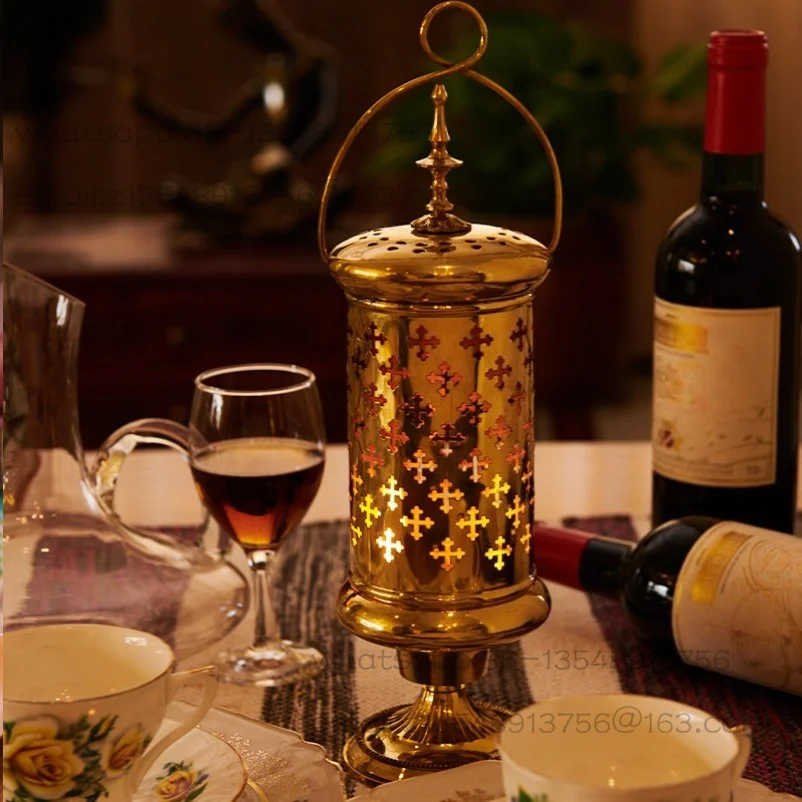 Brass candle holder, European vintage hollow carved romantic home desktop decoration candle lantern