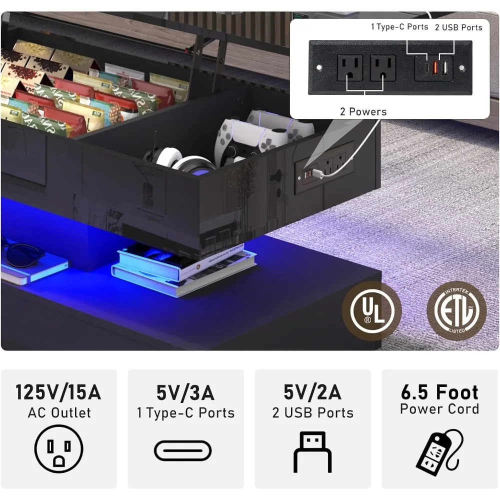 47.2 طاولة قهوة كبيرة الرفع، طاولة قهوة حديثة عالية اللمعان LED مع مساحة تخزين، طاولة غرفة معيشة سوداء