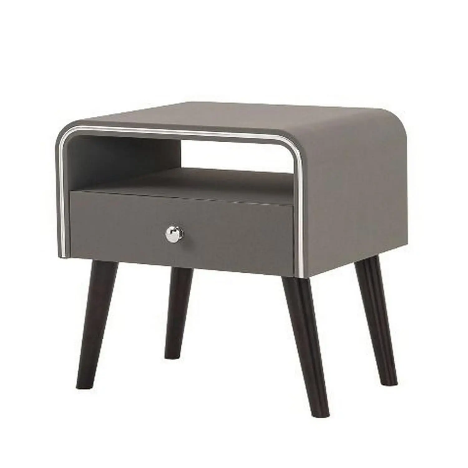 Curved Edge 1 Drawer Nightstand Chrome Trim Gray Brown, Customized