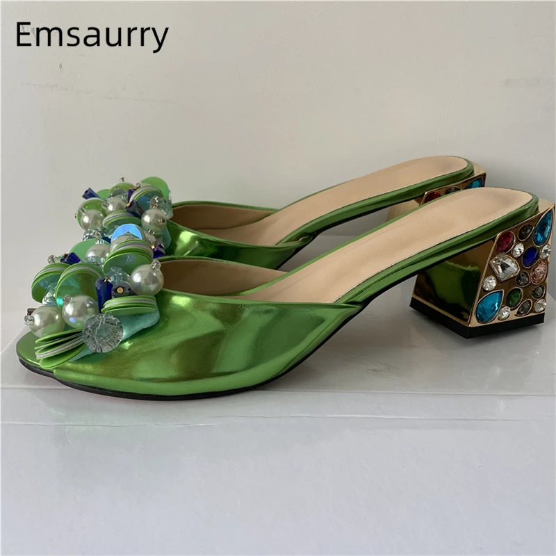 Bling Sequins Pearl Beads Flower Sandals Women Colorful Rhinestone Square Heel Patent Leather Slingbacks Mules Summer