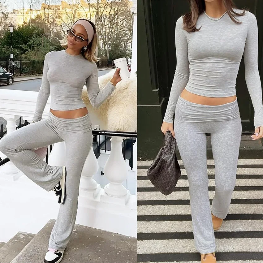 Casual Exercise Women's Two-Piece Crewneck Long-Sleeved Low Waist Flared Trousers Sportswear Set Two-Piece Set Ropa Mujer