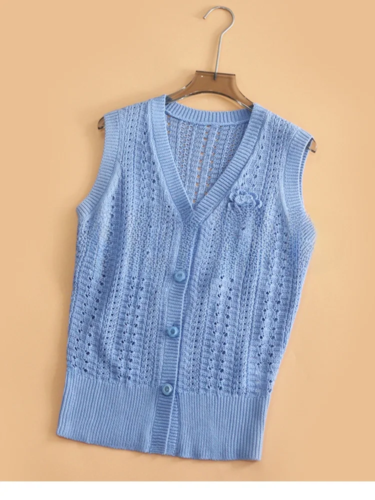 

Sweet Floral V-Neck Sleeveless Knitted Vest Early Autumn New Style Women's Fashion Slim Fit Cardigan Short Length Color
