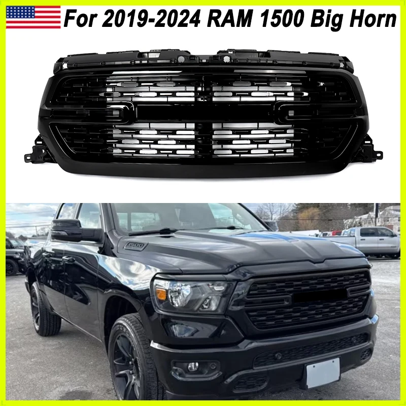

Big Horn Style Diamond Black Grille Compatible With 2019-2024 Dodge RAM 1500 Front Bumper Upper Grills Radiator Grill Magickit