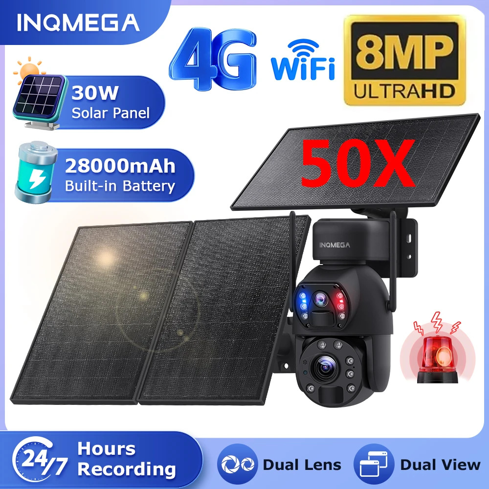 INQMEGA 30W Solar Camera 4G Sim 4K 8MP 50X Zoom Dual Lens Recording Humanoid Tracking Outdoor WIFI Camera Metal Waterproof