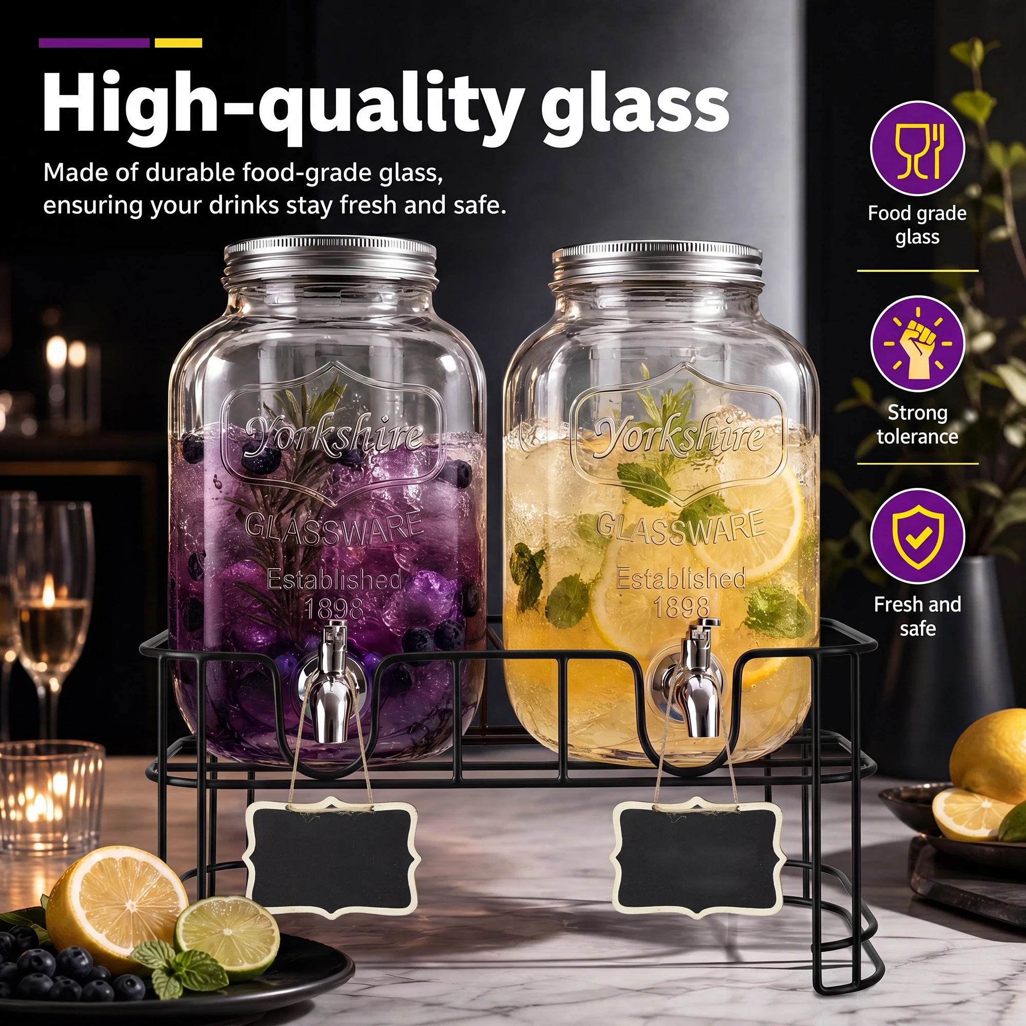 2 Pack 4L Mason Jar Glass Drink Dispenser with Metal Stand, Leakproof Glass Drink Dispenser for Parties Wedding Backyard BBQ Daily Cold Juice Lemonade Iced Tea Storage