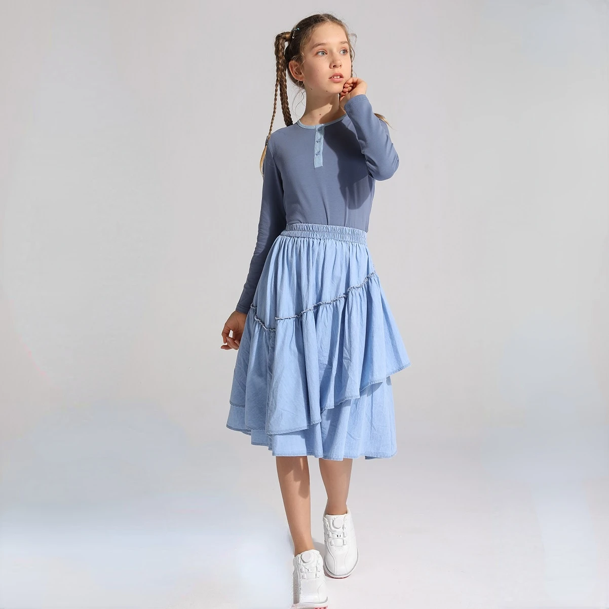 Girls Teen Kids Midi Ruffles Denim Skirt Cotton 2022 New Summer Jersey Top Patchwork Denim Neck Mommy and Daughter Clothes,#7011