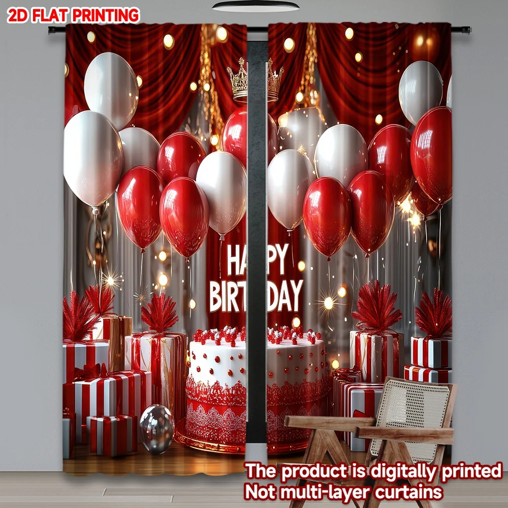 

2D flat printing 2pcs Curtain Birthday Celebration Scene Digital Printed Polyester Drapes Birthday Party Perfect for Door Wall