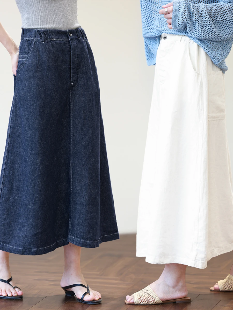 

Синяя тяжелая льняная джинсовая юбка трапециевидной формы с высокой талией, повседневная длинная драпированная юбка с высокой талией для эффекта похудения