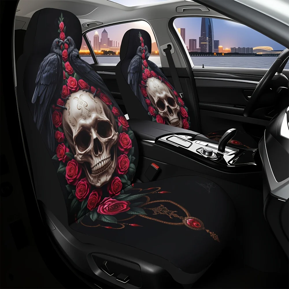 2pcs Gothic Dark Raven & Rose Skull Car Seat Covers - All-Season Fit, Easy Install, Durable Polyester, Non-Slip Backing, Machine