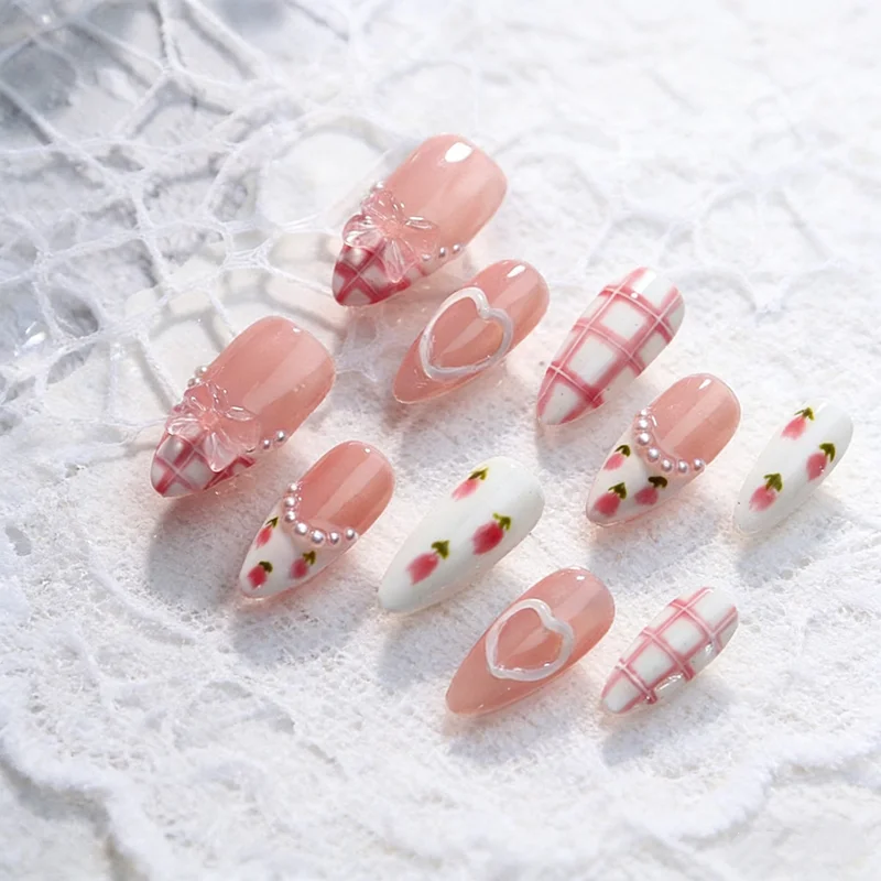 Handmade Wearable Press On Nails French Medium Oval Artificial False Nails Love Gemstone Charms Manicure Ballerina Finger Art