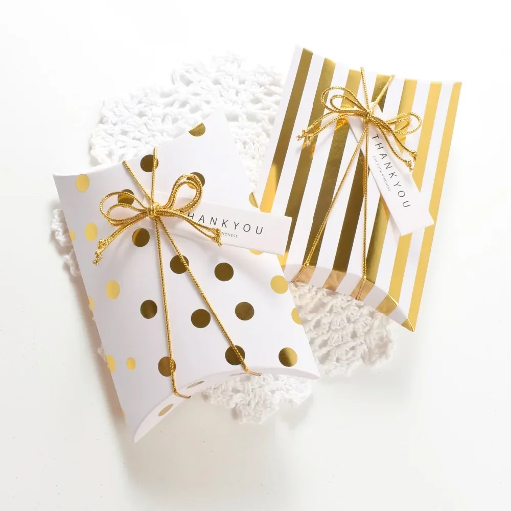 

Pillow boxes,Golden dot & striped pillow boxes, wedding favor boxes, bridal shower favor boxes 10pcs/lot