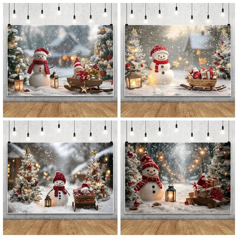 

Winter Christmas Snow Scene Photography Backdrops Snowmen Xmas Tree Gifts Baby Portrait Photographic Party Photo Background Prop