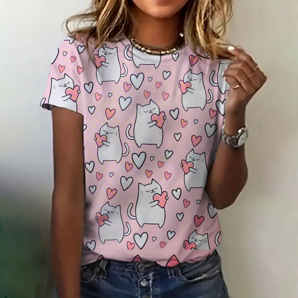 Camiseta de manga corta transpirable con cuello redondo para mujer, Top con patrón de gato bonito, ropa informal holgada, Verano