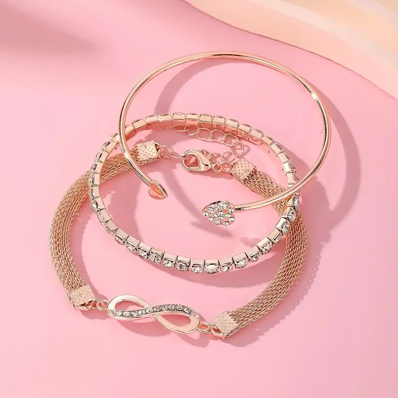 3pcs/Set Vintage Crystal Rhinestone Heart Bracelets for Women Fashion Geometric Adjustable Infinity Cuff Bangle Jewelry Gifts image 6