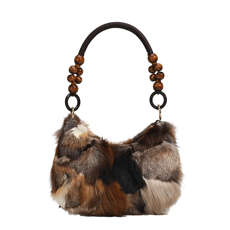 Chic Fox Fur Underarm Shoulder Bags For Women New Autumn Winter Warm Luxury Designer Purses And Handbag Dinner Party Evening Bag