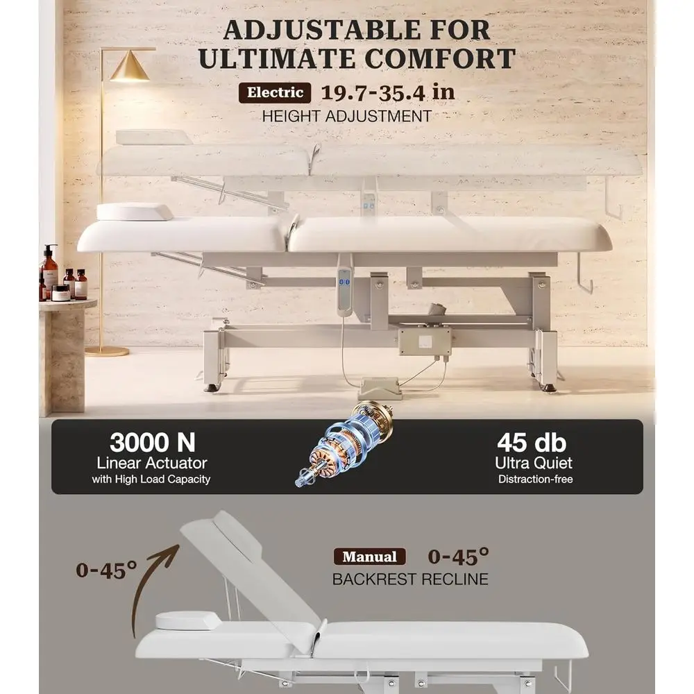 Massage Table with Adjustable Backrest for Estheticians, Facial Treatments, and Physical Therapy, White